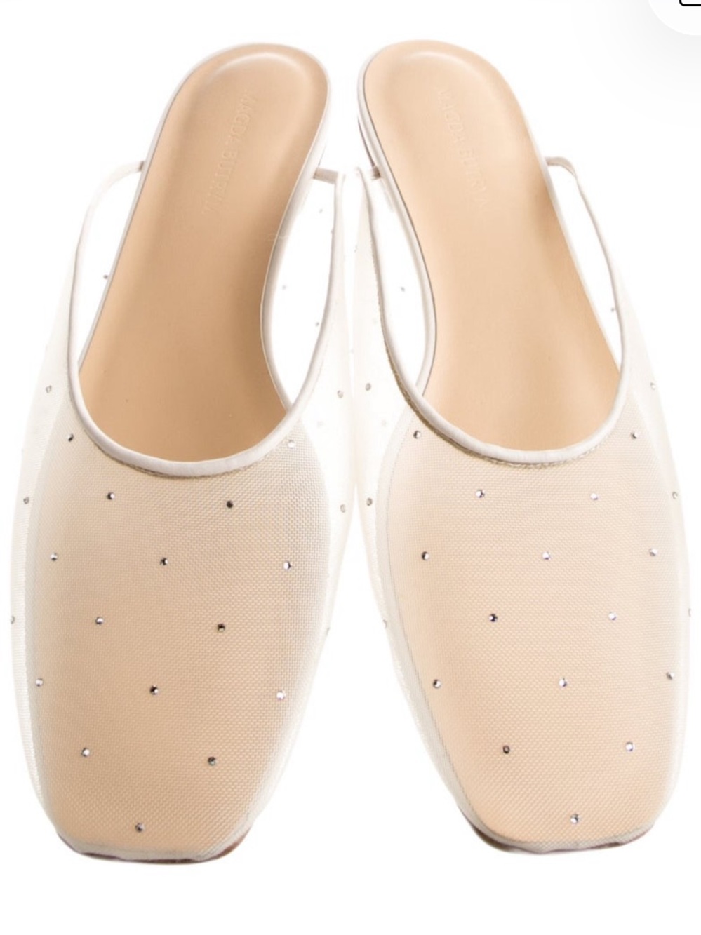 Magda Butrym Nude Beige Crystal-Studded Mesh Slingback Mules Leather